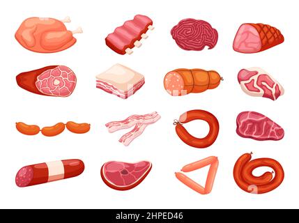 Cartoon raw meat food. Fresh farm animal products, protein meal, chicken, sausages and steak, beef and pork, sheep meat ingredients, bacon and salami Stock Vector