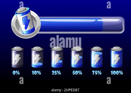 attery line energy bar, silver icons for game. Vector illustration set blue charge line with percent for GUI. Stock Vector