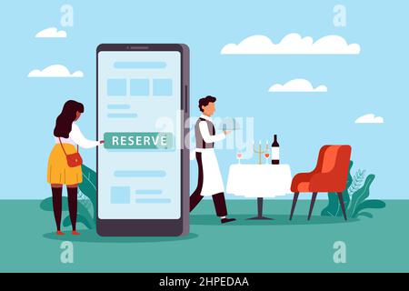 Mobile booking, reservation of table in restaurant. Woman chooses cafe online, waiter sets table, huge smartphone and tiny people, online menu, food Stock Vector