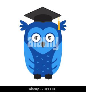 blue smart owl in a hat. symbol of knowledge and university graduation. flat vector character illustration. Stock Vector
