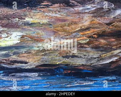 Decorative plaster with aging effect. Blue background with brown cracked paint. Texture backdrop. Abstract art background. Stock Photo
