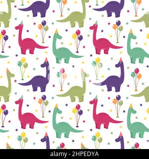 Seamless pattern with dinosaurs, balloons and stars, vector illustration Stock Vector