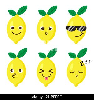 Set of lemon emojis. Kawaii style icons, fruit characters. Vector illustration in cartoon flat style. Set of funny smiles or emoticons. Good nutrition Stock Vector