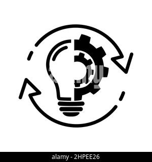 Ideas and process icon in flat style. Implementation concept. Light bulb with gear and arrows icon. Creative cycle symbol isolated on white. Vector il Stock Vector