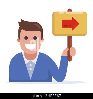 man holding a sign with an arrow. flat vector illustration. Stock Vector