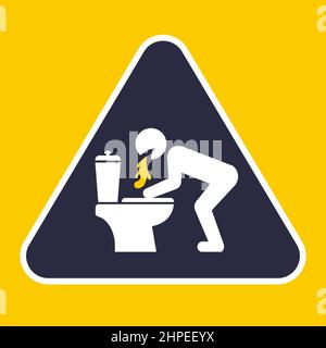 triangular sign to vomit in the toilet. flat vector illustration. Stock Vector