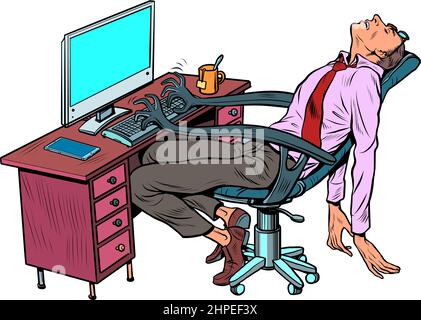 The male manager sleeps at the workplace in the office. A robotic work chair works for a person Stock Vector