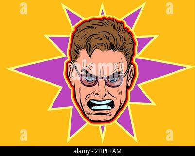 Angry male face, human emotions. Comic style illustration Stock Vector