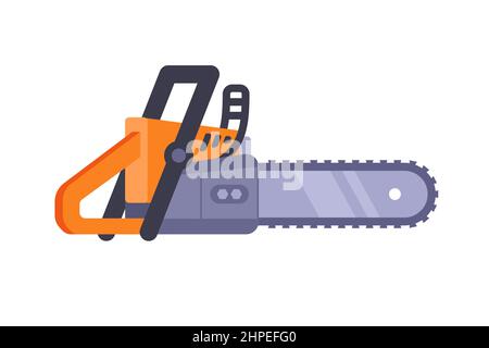 orange chainsaw for cutting trees in the forest. flat vector illustration. Stock Vector