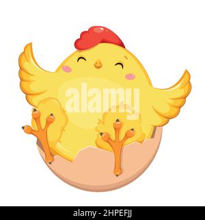 Cute little chick sitting in egg shell. Happy Easter. Funny baby chicken. Stock vector illustration on white background Stock Vector