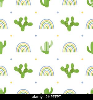 Seamless pattern with cacti and rainbows, vector illustration Stock Vector