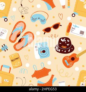 Summer travel accessories seamless pattern. Tourism and journey, beach holidays elements, luggage, documents and tickets. Summertime background. Decor Stock Vector