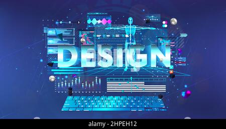 3D modeling design concept. Workplace in futuristic style Stock Vector