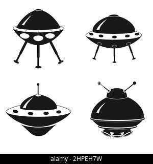 UFO icon set, spacecraft of alien. Vector flat black color style Stock Vector