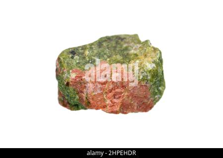 Closeup natural rough Unakite (Epidotized / Epidote Granite) gemstone on white background Stock Photo