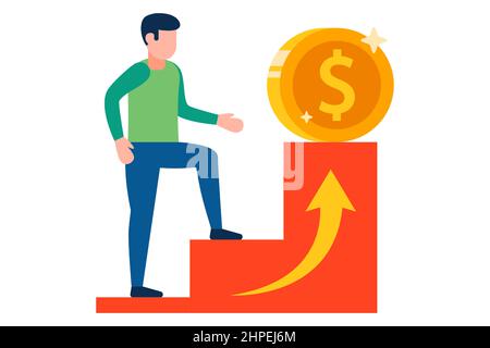 a man climbs the career ladder to more profitable money. flat vector illustration. Stock Vector