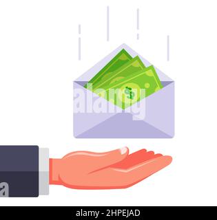 an envelope with money falls into the hand. receive a salary in an envelope. give a bribe to an official. flat vector illustration. Stock Vector