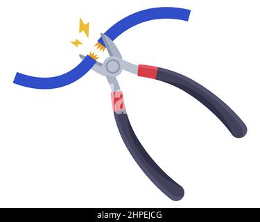 nippers to bite the blue electrical wire. flat vector illustration isolated on white background. Stock Vector