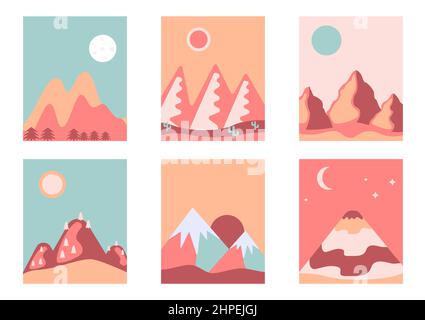 Mountain abstract landscape and mountain range backgrounds, volcano, desert icon set. Scandinavian style. Elements of sun, moon, trees, snow peaks. Trendy contemporary design, for social media stories Stock Vector