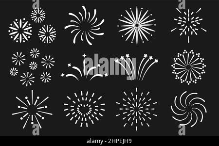 Fireworks line contour silhouette icons set. Icons of heart, stars, lines, swirls, stripe, splashes firecracker, sparkler, salute, petard. Decor for celebration, party new year and anniversary. Vector Stock Vector