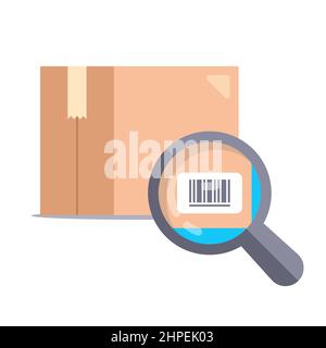 magnifying glass checking barcode on cardboard box. flat vector illustration Stock Vector