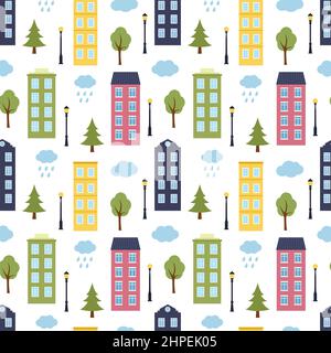Seamless pattern with houses, trees, lanterns and clouds, vector illustration Stock Vector
