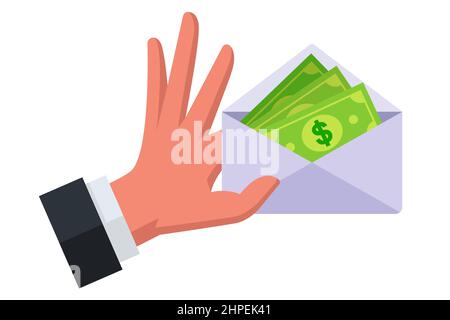 a hand holds out an envelope with money to give a bribe. illegal transfer of funds. flat vector illustration. Stock Vector