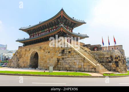 Seoul, South Korea - July 26, 2020 - Paldalmun Gate is the southern gate of Hwaseong Fortress. The gate has an entrance wide enough to let the king's Stock Photo