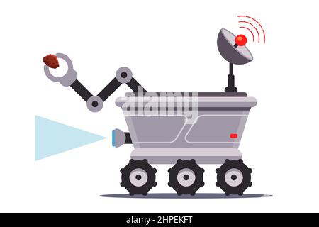 the space rover is exploring the moon and taking surface samples for analysis. flat vector illustration isolated on white background. Stock Vector