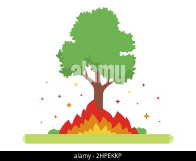 the tree burns in nature. big fire. flat vector illustration. Stock Vector