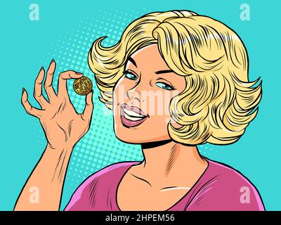 A blonde girl holds a bitcoin coin in her hands. Cryptocurrency virtual money Stock Vector