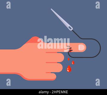 sew up the wound on the arm. blood is leaking from a cut finger. flat