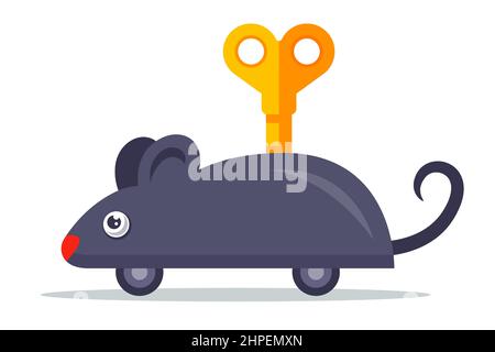 A clockwork gray mouse with a key on its back. Flat character vector illustration. Stock Vector