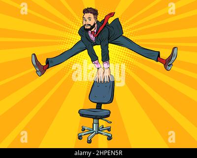 Businessman jumps up, funny leg pose wide. Joy emotions success Stock Vector