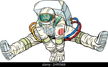 The astronaut rejoices jumping up in a funny pose with his legs apart. Space and science Stock Vector