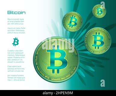 Bitcoin coins and firework on white and green background, infographics card vector Stock Vector