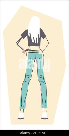 Woman in jeans standing, back view, denim fashion, sketch style vector Stock Vector