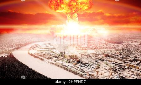 nuclear explosion on the background of an eastern European city top view Stock Photo