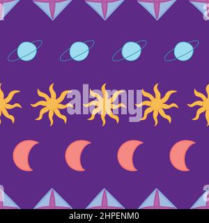 Celestial bodies striped seamless pattern. Hand drawn sun, moon, stars in a row on purple background. Stock Vector
