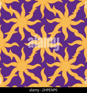 Celestial bodies seamless pattern. Yellow hand drawn suns on purple background. Stock Vector