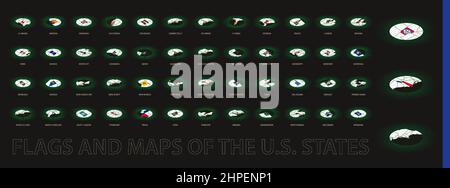Collection of oval maps and flags of the U.S. states in dark color. Vector map and flag. Stock Vector