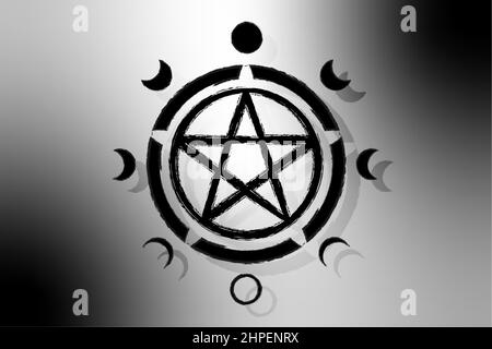 Pentacle circle symbol and Phases of the moon. Wiccan symbol, full moon, waning, waxing, first quarter, gibbous, crescent, third quarter. Vector sign Stock Vector