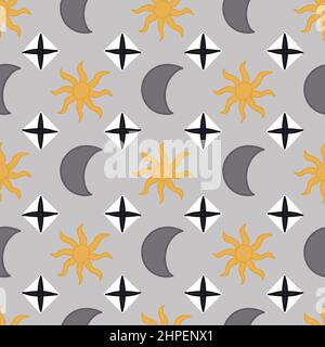 Celestial bodies seamless pattern. Hand drawn astronomical objects on grey background. Stock Vector