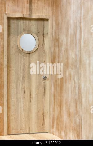 Natural wooden panel walls apartment room indoor. Minimalism. Parquet floor Stock Photo