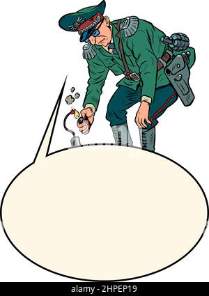 A military officer ignites a fuse, a politician is a militarist dictator. Dynamite explosion Stock Vector