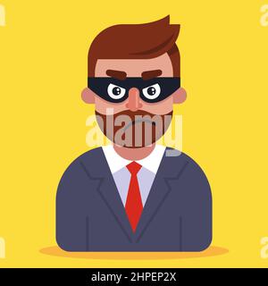 a fraudster in a business suit and a mask hiding his face. flat vector illustration. Stock Vector