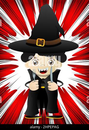 Kid dressed for Halloween holding up a knife and fork. Vector cartoon character illustration of kids ready to Trick or Treat. Stock Vector