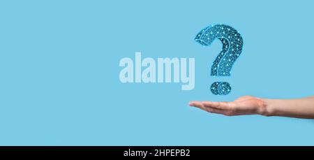 Question mark. 3d abstract on dark background with dots and stars. Ask symbol. Help support, faq problem symbol, think education concept, confusion se Stock Photo