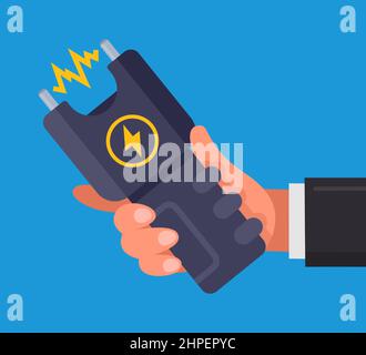 a man holding a stun gun in his hand. flat vector illustration on blue background. Stock Vector