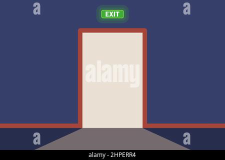 exit sign above the open door. a beam of light from a doorway. flat vector illustration. Stock Vector
